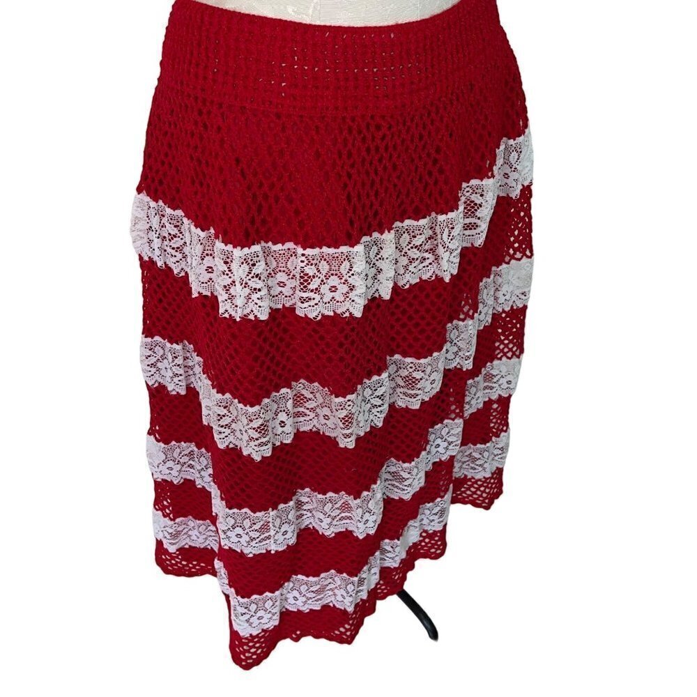 Vintage Womens Crochet Lace Skirt Size Large Fully Lined Red White Midi Button - Picture 2 of 13